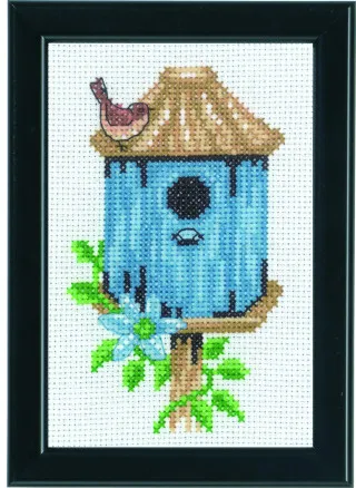 Permin Broderikit Fågelhus Blått 9x14cm